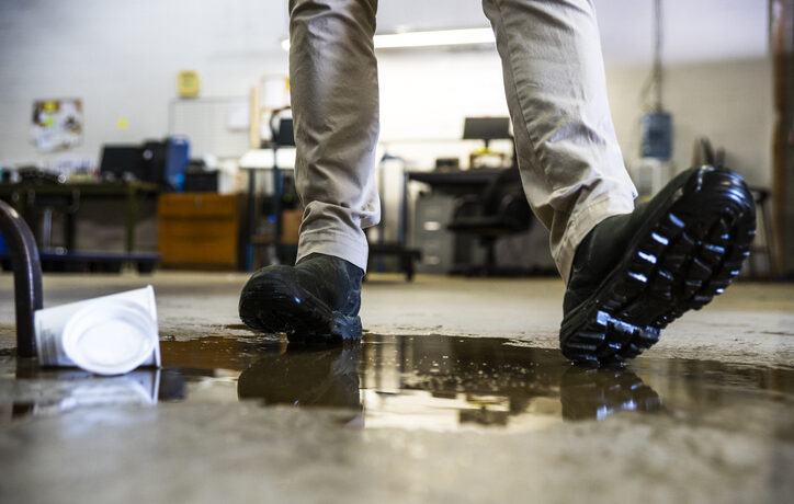 A male worker wearing work boots in a warehouse walking into a liquid spill on the floor.