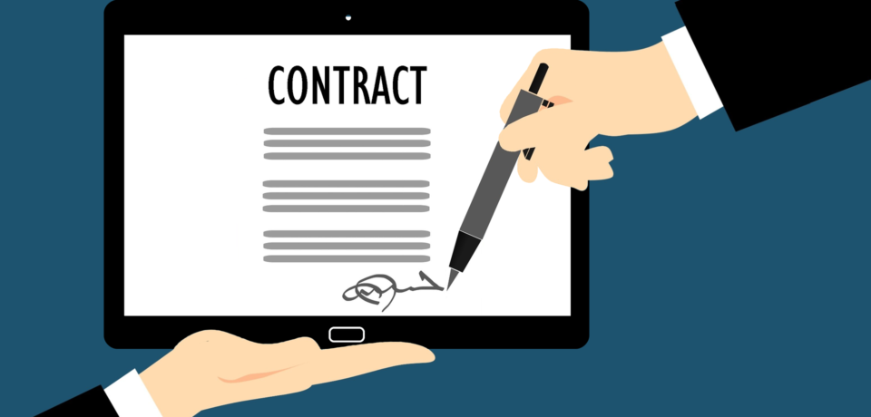 An illustration of two hands signing a digital contract on a tablet, symbolizing a modern legal agreement.