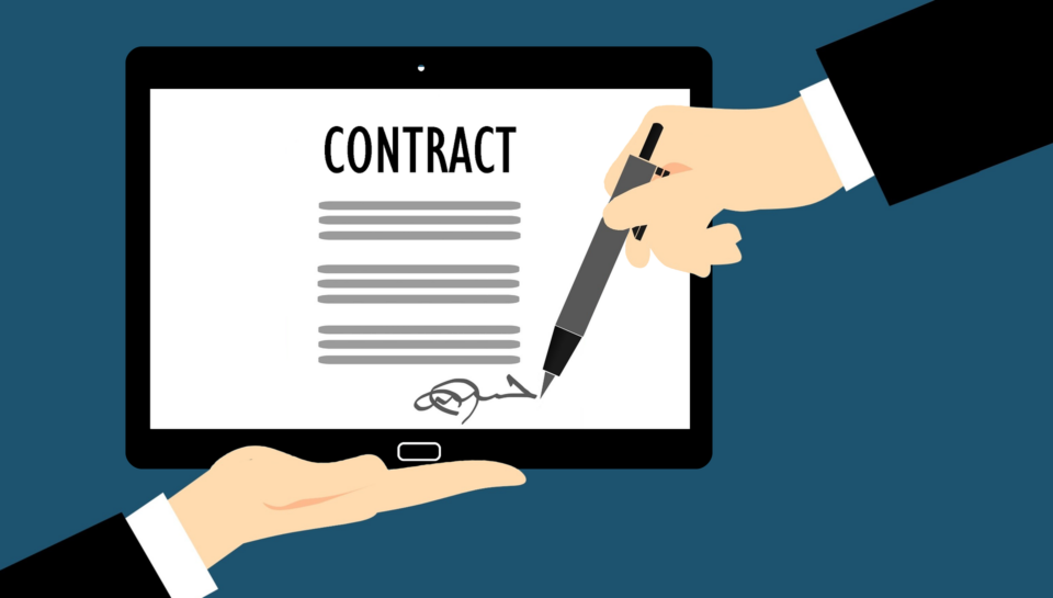 An illustration of two hands signing a digital contract on a tablet, symbolizing a modern legal agreement.