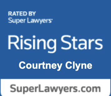 A Super Lawyers Rising Stars award badge recognizing attorney Courtney Clyne.