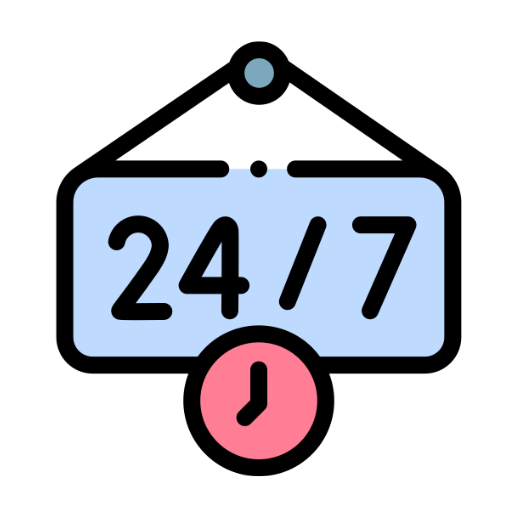 An icon of a sign with the numbers "24/7" and a clock, representing round-the-clock availability.