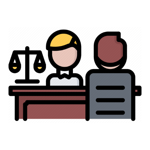 An icon of an attorney and client at a desk, with a scale of justice, representing a legal consultation.