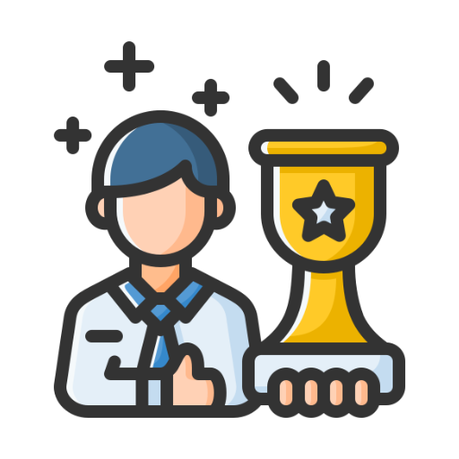 An icon of a person holding a trophy and giving a thumbs-up, representing success and achievement.